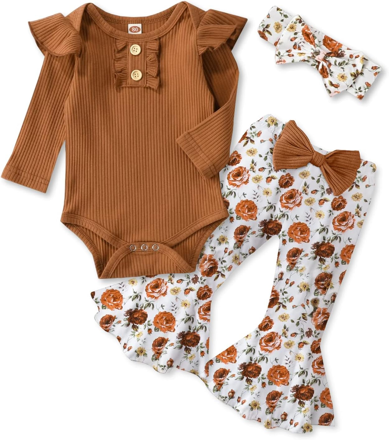Adorable Kislio Newborn Baby Girls Outfit Set - Ribbed Ruffled Romper, Floral Pants & Matching Headband