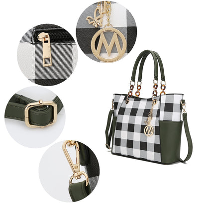Bonita Checker Vegan Leather Tote Bag & Wristlet Wallet Set - Stylish Cognac Handbag by Mia K.