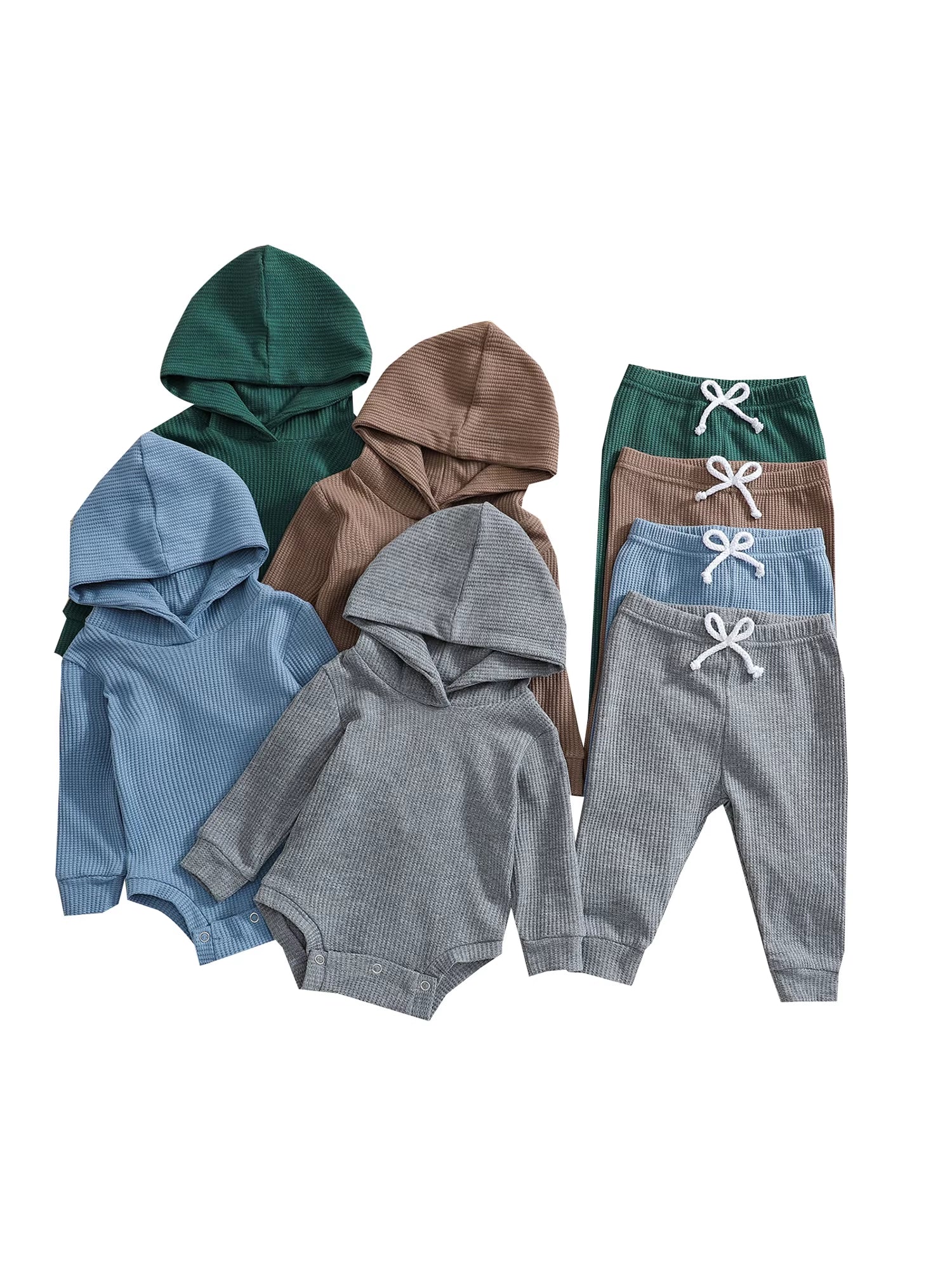 Hooded Jumpsuit and Trousers Set for Newborns in Solid Colors for Boys and Girls