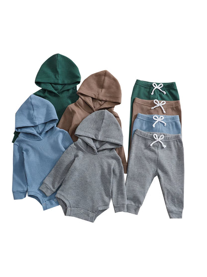 Hooded Jumpsuit and Trousers Set for Newborns in Solid Colors for Boys and Girls