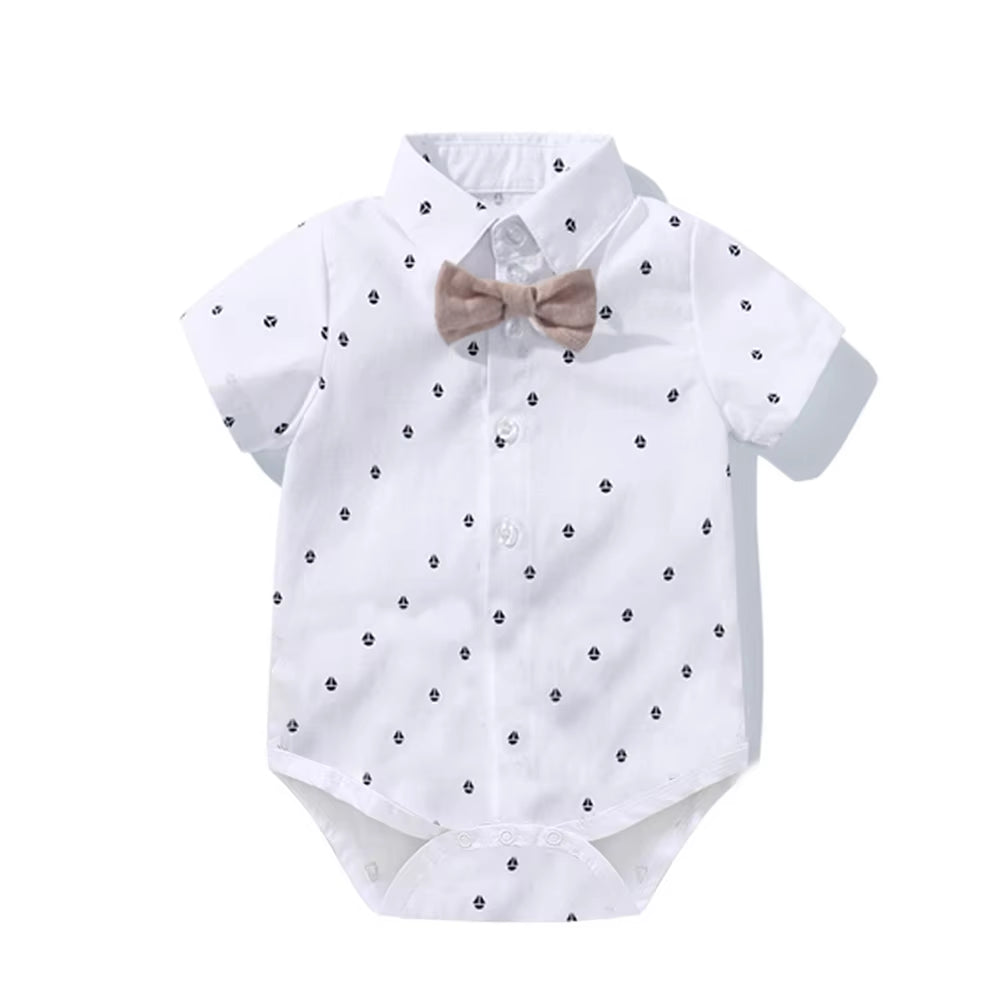 Newborn Boys' Gentleman Outfit Set: Bow Tie, Hat, Sailboat Print Romper, and Suspender Shorts