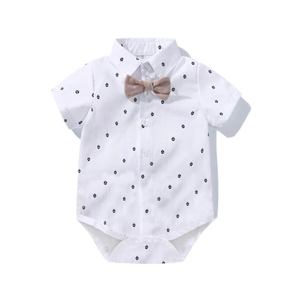 Newborn Boys' Gentleman Outfit Set: Bow Tie, Hat, Sailboat Print Romper, and Suspender Shorts