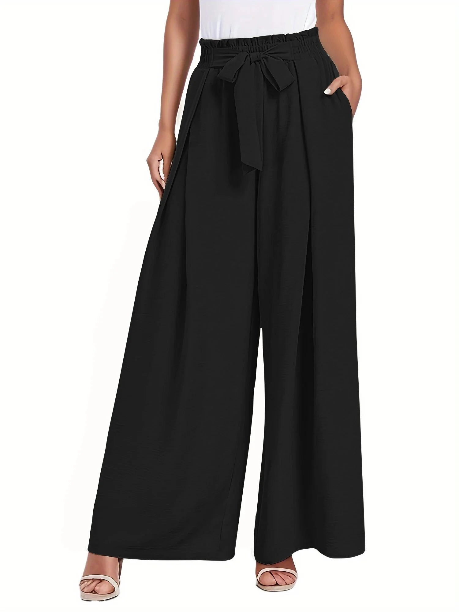 Women's High-Waisted Wide Leg Lounge Pants with Pockets and Adjustable Tie Knot - Casual and Work Trousers
