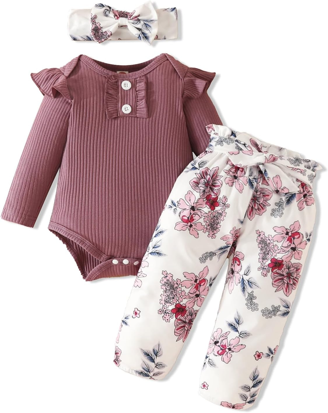 Adorable Kislio Newborn Baby Girls Outfit Set - Ribbed Ruffled Romper, Floral Pants & Matching Headband