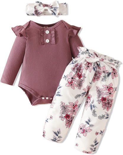 Adorable Kislio Newborn Baby Girls Outfit Set - Ribbed Ruffled Romper, Floral Pants & Matching Headband