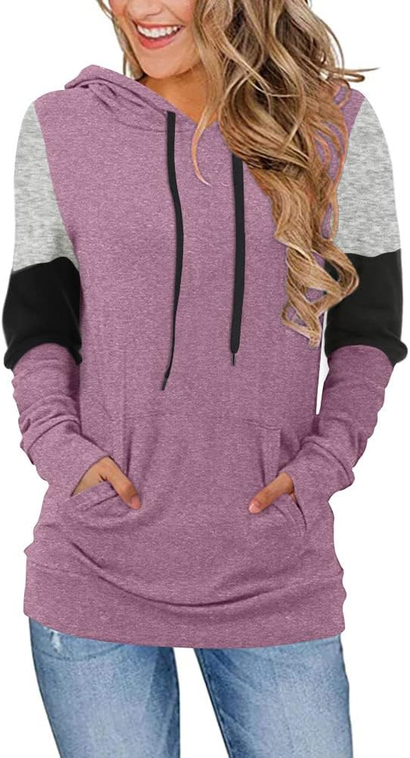 CATHY Women's Casual Color Block Long Sleeve Pullover Hoodie Tunic with Pocket