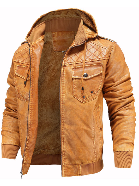 Men's Vintage PU Faux Leather Motorcycle Bomber Jacket with Removable Hood, Casual Stand Collar, Black, Size S
