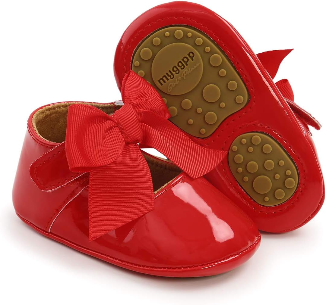 LAFEGEN Adorable Infant Girls' Mary Jane Flats with Bow Knot - Non-Slip Soft Sole PU Leather First Walker Dress Shoes