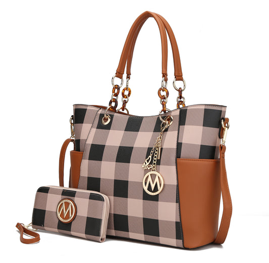 Bonita Checker Vegan Leather Tote Bag & Wristlet Wallet Set - Stylish Cognac Handbag by Mia K.