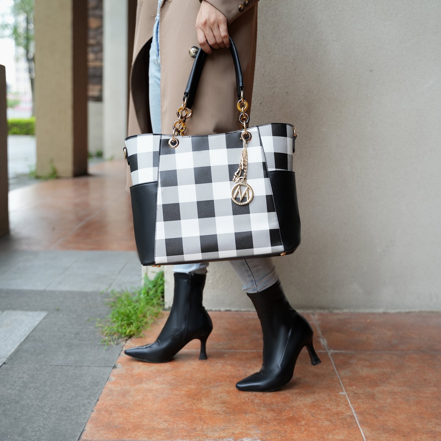 Bonita Checker Vegan Leather Tote Bag & Wristlet Wallet Set - Stylish Cognac Handbag by Mia K.