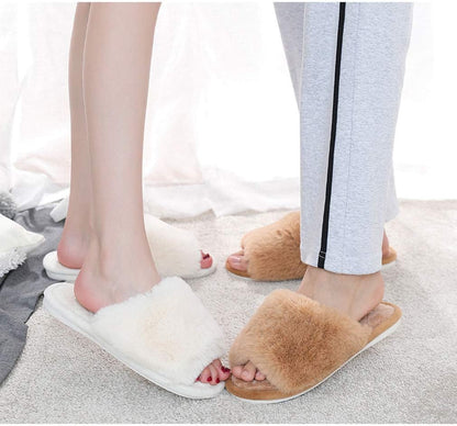 HUMIWA Women's Plush Fur Flat Slippers - Comfortable Open Toe Memory Foam Sandals for Versatile Indoor and Outdoor Use