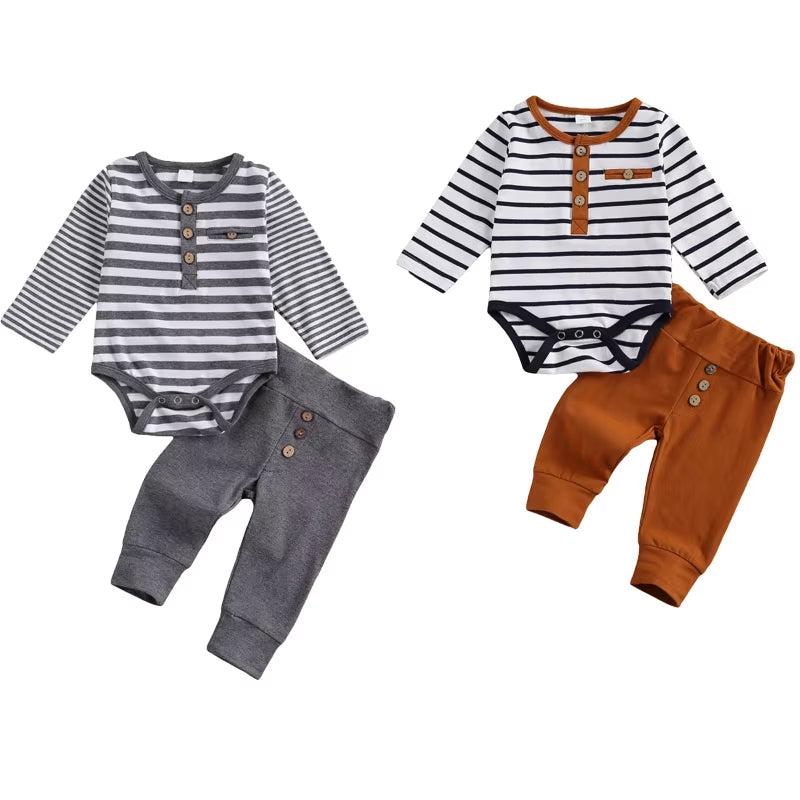 2-Piece Baby Casual Outfit Set Featuring Round Neck Long Sleeve Striped Romper and Button Detail Loose Trousers