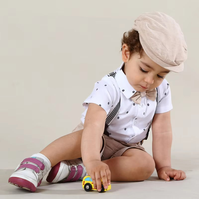 Newborn Boys' Gentleman Outfit Set: Bow Tie, Hat, Sailboat Print Romper, and Suspender Shorts