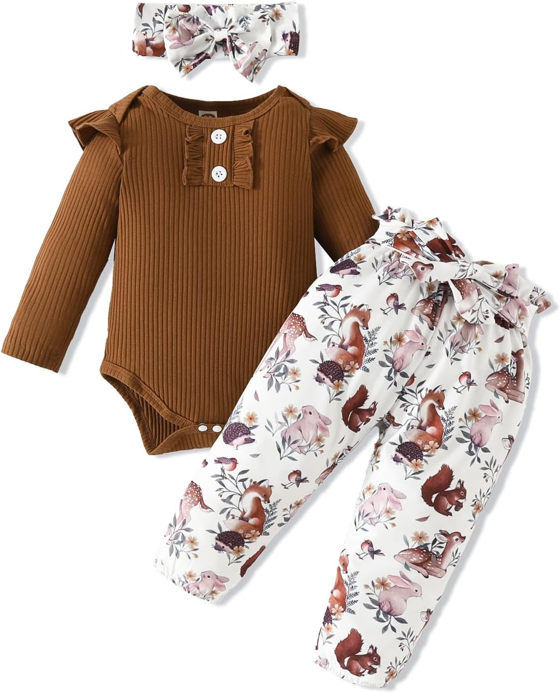 Adorable Kislio Newborn Baby Girls Outfit Set - Ribbed Ruffled Romper, Floral Pants & Matching Headband