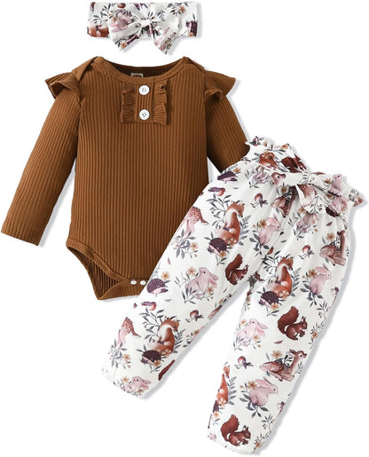 Adorable Kislio Newborn Baby Girls Outfit Set - Ribbed Ruffled Romper, Floral Pants & Matching Headband