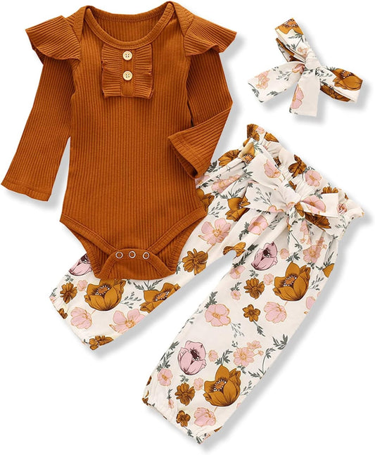 Adorable Kislio Newborn Baby Girls Outfit Set - Ribbed Ruffled Romper, Floral Pants & Matching Headband