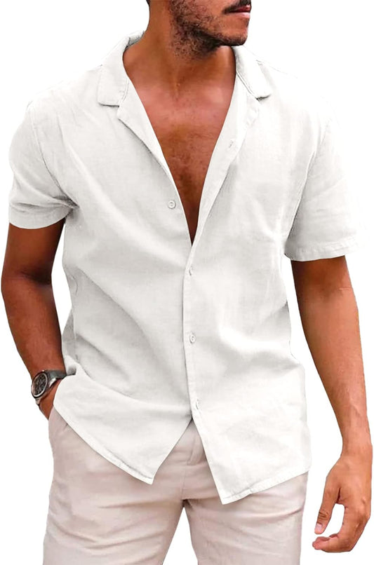 Rorina Men's White Short Sleeve Cotton Linen Camp Shirt - Perfect Casual Summer Beachwear
