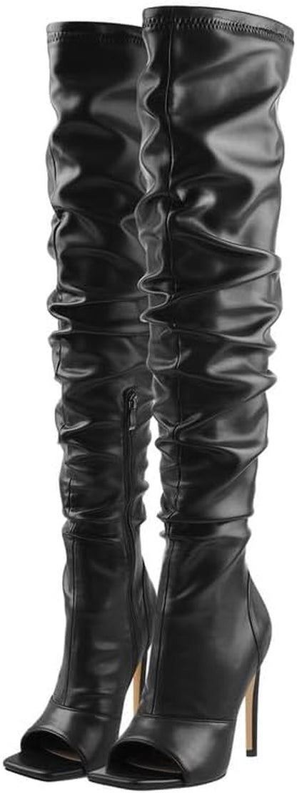 LISHAN Women's Stiletto Heel Knee and Thigh High Boots with Zipper and Peep/Closed Toe Variants