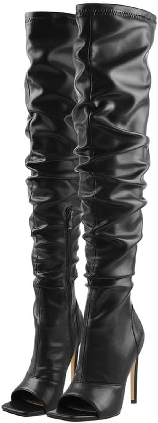 LISHAN Women's Stiletto Heel Knee and Thigh High Boots with Zipper and Peep/Closed Toe Variants