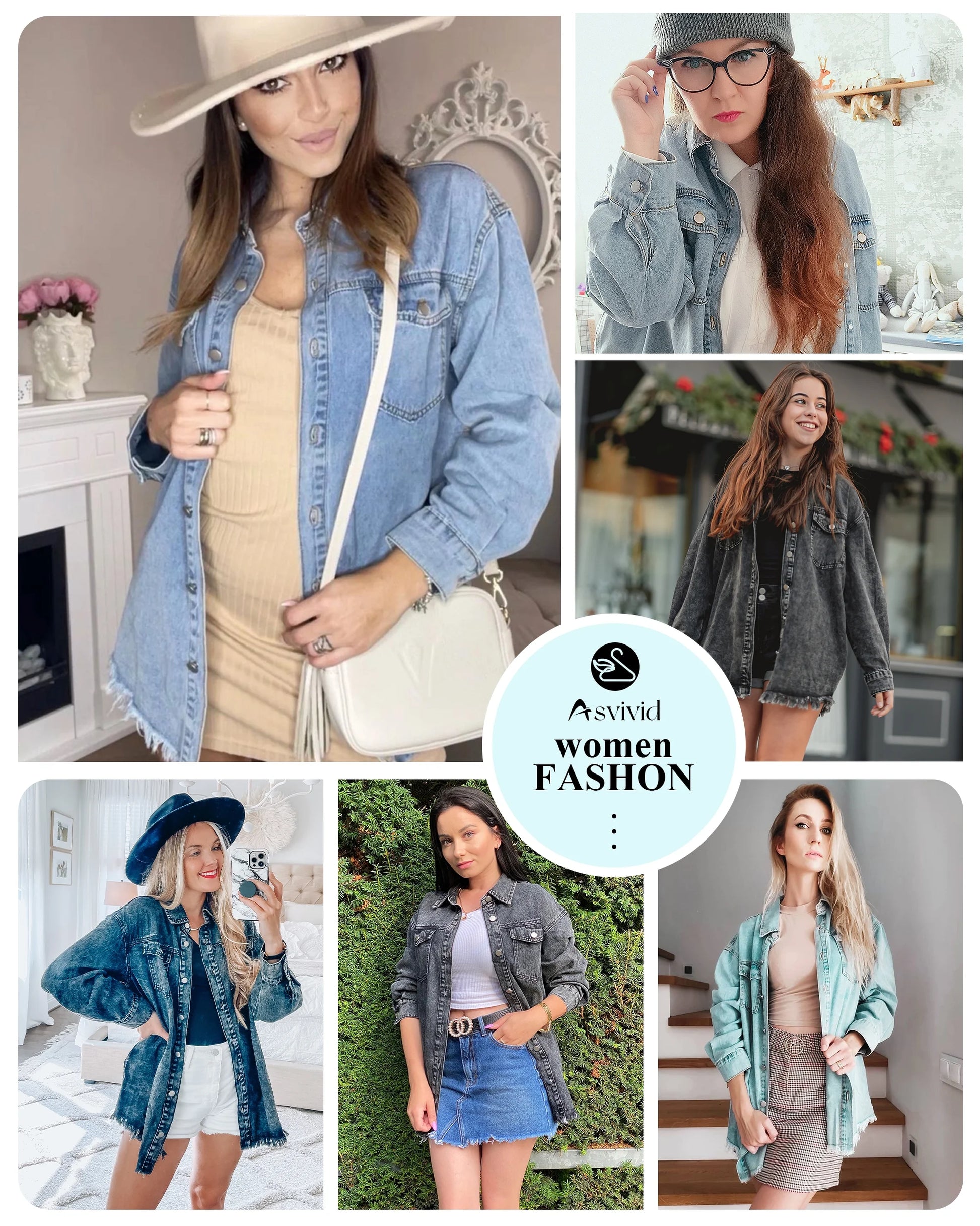 Women's Casual Long Sleeve Denim Jacket - Distressed Button-Down Boyfriend Shacket in Green