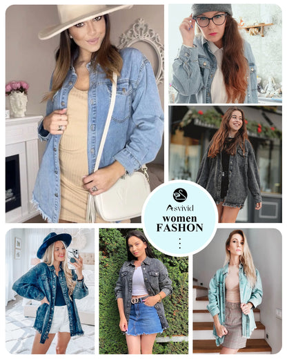 Women's Casual Long Sleeve Denim Jacket - Distressed Button-Down Boyfriend Shacket in Green