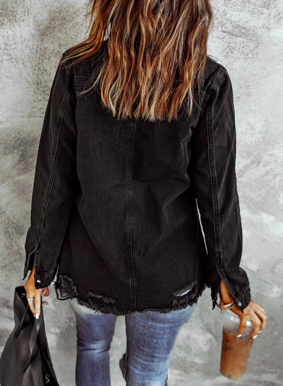 Petite Women's Casual Long Boyfriend Distressed Denim Jacket - Size L
