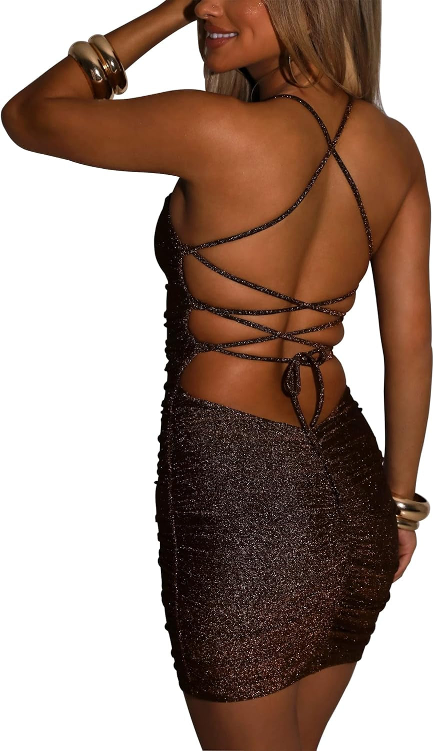 FV RELAY Women's Glitter Bandage Bodycon Sleeveless Mini Dress for Club and Party Events