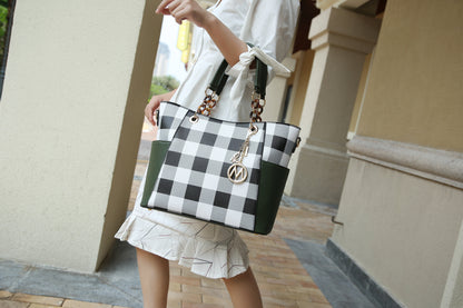 Bonita Checker Vegan Leather Tote Bag & Wristlet Wallet Set - Stylish Cognac Handbag by Mia K.