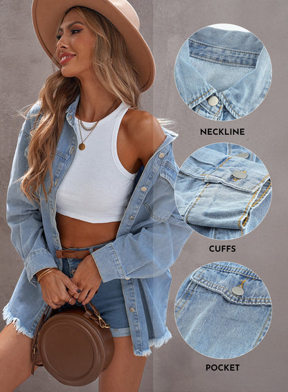 Women's Long Sleeve Boyfriend Denim Jacket - Loose Fit White XL