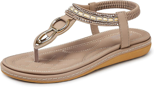 SHIBEVER Women's Elegant Summer Sandals: Comfortable Flat Bohemian T-Strap Casual Footwear