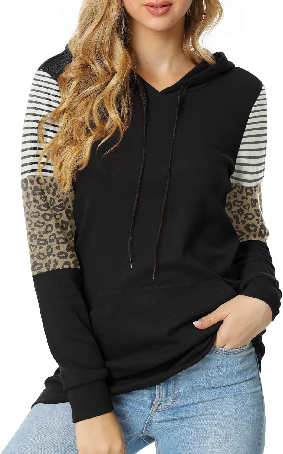 CATHY Women's Casual Color Block Hoodie Sweatshirt with Drawstring, Long Sleeves, and Pocket - Leopard Sleeve Design, Black, Size M