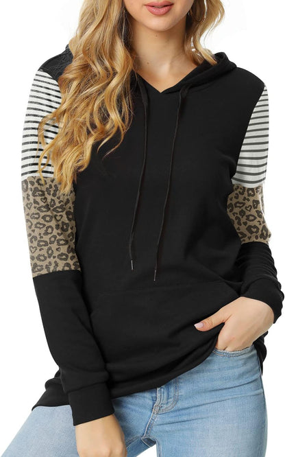 CATHY Women's Casual Color Block Hoodie Sweatshirt with Drawstring, Long Sleeves, and Pocket - Leopard Sleeve Design, Black, Size M