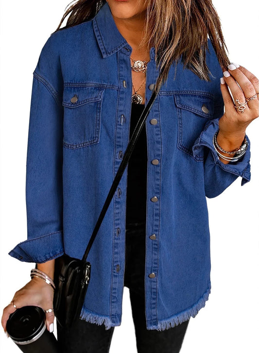 Women's Casual Long Sleeve Denim Jacket - Distressed Button-Down Boyfriend Shacket in Green