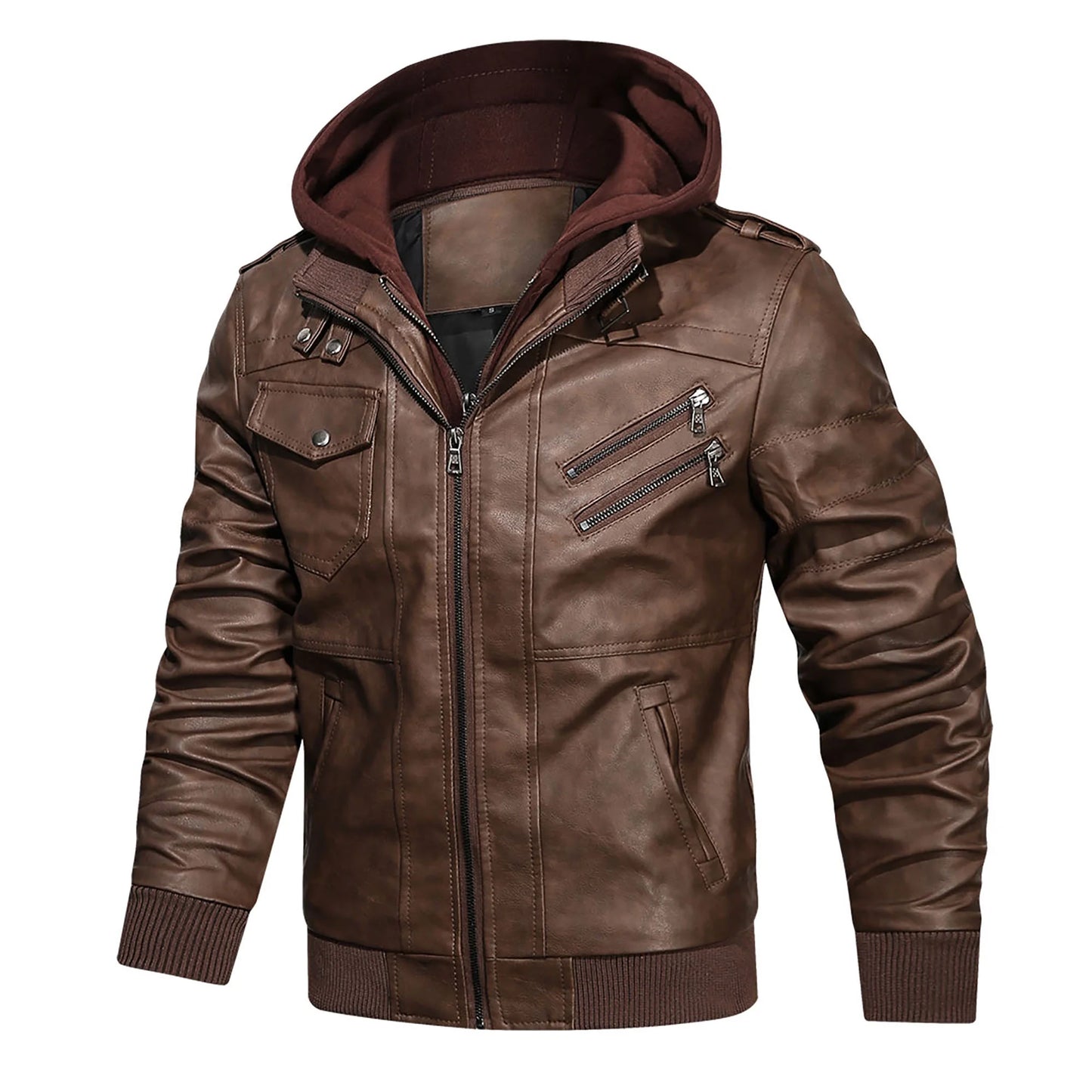 Men's Brown PU Faux Leather Jacket with Removable Hood, Size 2XL