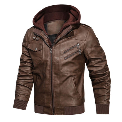 Men's Brown PU Faux Leather Jacket with Removable Hood, Size 2XL