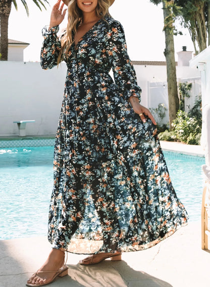 Blue Floral Print Maxi Dress for Women - Fall Chiffon Deep V-Neck Long Sleeve Ruffle Hem Party Dress with Elastic Cuffs, Boho Style for Holiday Vacation, Size US 4-6 (S)