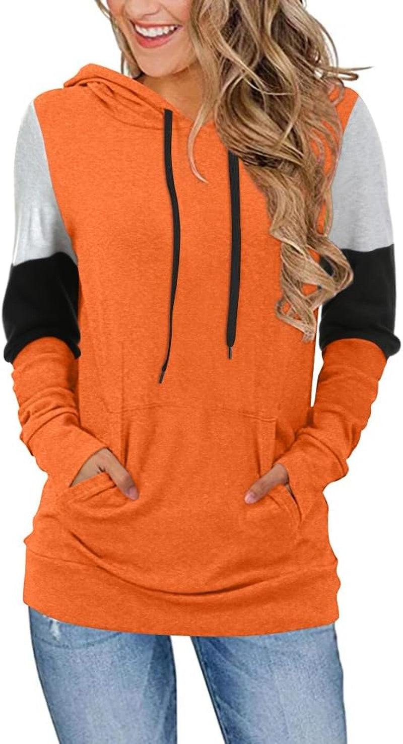 CATHY Women's Casual Color Block Long Sleeve Pullover Hoodie Tunic with Pocket