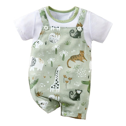Infant Zoo Animal Print Romper for Boys - Short Sleeve Faux Two-Piece Bodysuit for Casual Playwear