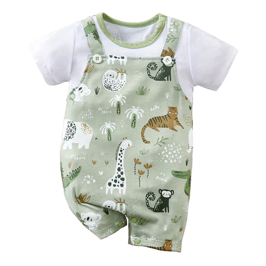 Infant Zoo Animal Print Romper for Boys - Short Sleeve Faux Two-Piece Bodysuit for Casual Playwear