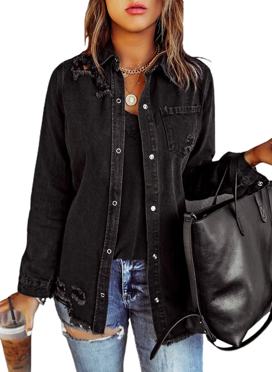 Petite Women's Casual Long Boyfriend Distressed Denim Jacket - Size L