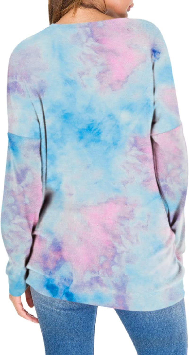 Pink Queen Women's Multicolor Tie-Dye Long Sleeve T-Shirt with Patches and Pockets, Size L