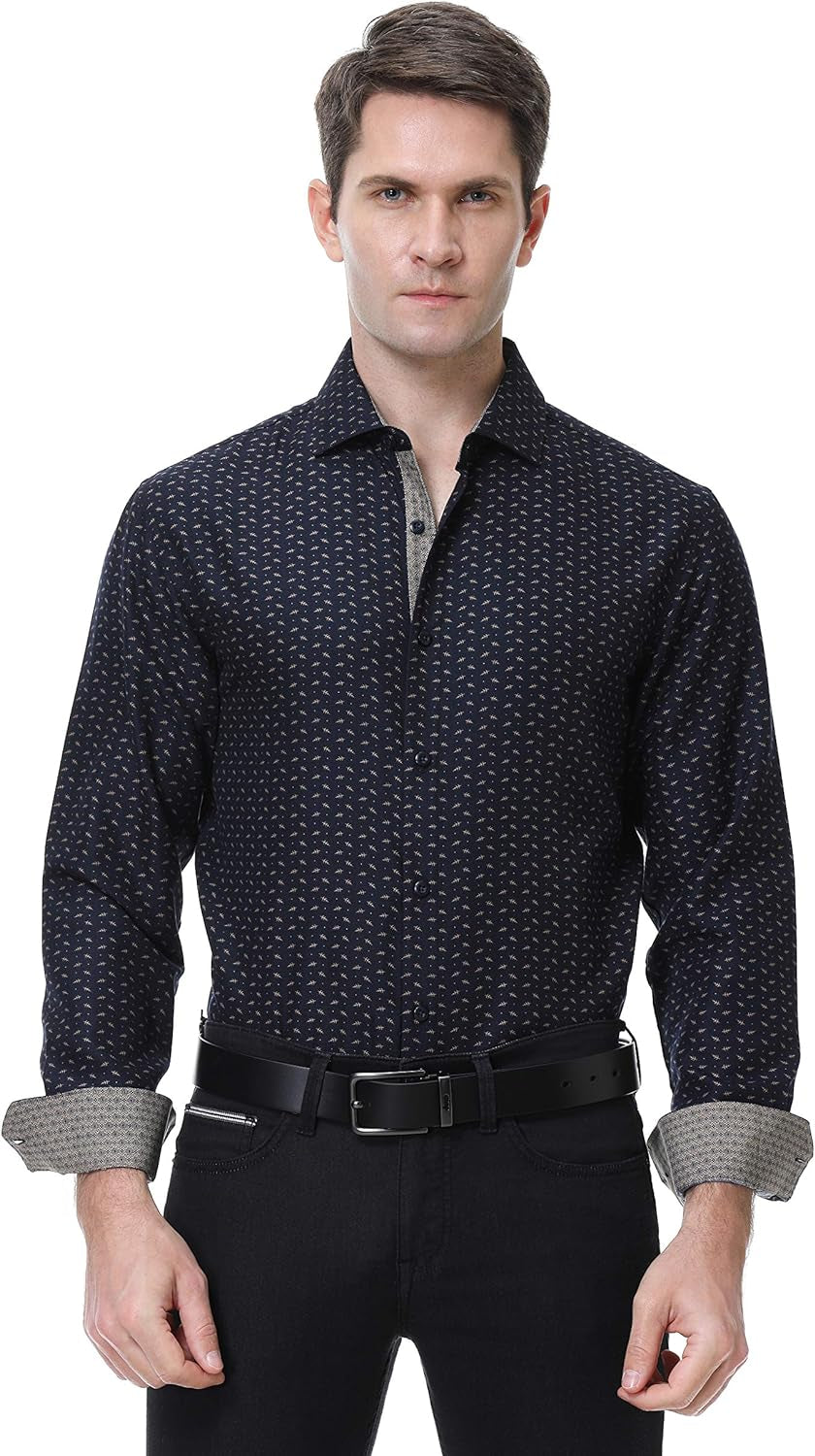 Stylish SAMERM Men's Printed Dress Shirt - Easy Care Regular Fit Long Sleeve Casual Button-Down (Print14, M)