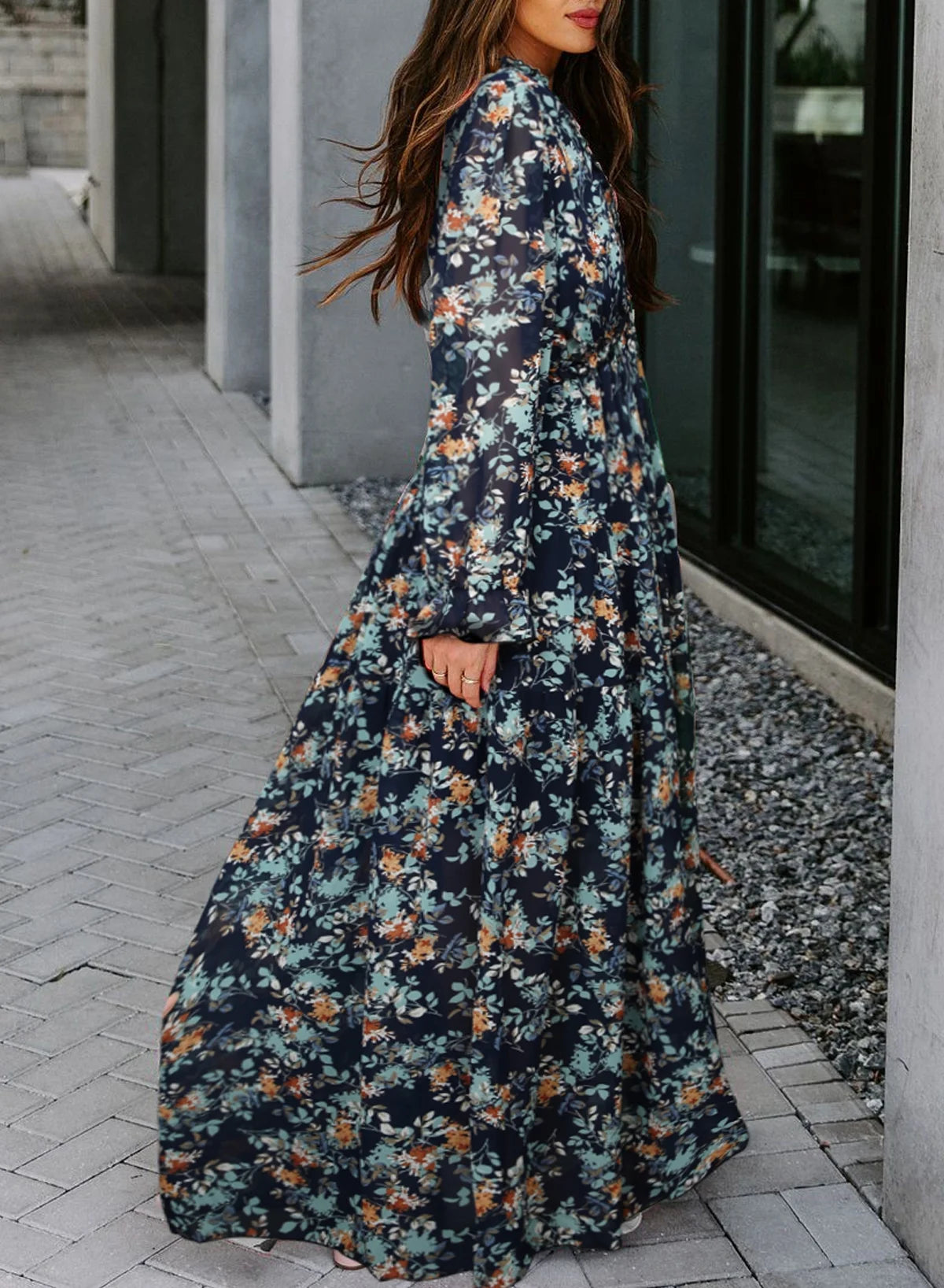 Blue Floral Print Maxi Dress for Women - Fall Chiffon Deep V-Neck Long Sleeve Ruffle Hem Party Dress with Elastic Cuffs, Boho Style for Holiday Vacation, Size US 4-6 (S)