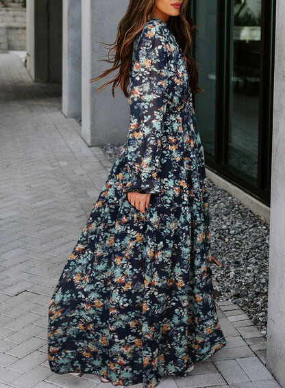Blue Floral Print Maxi Dress for Women - Fall Chiffon Deep V-Neck Long Sleeve Ruffle Hem Party Dress with Elastic Cuffs, Boho Style for Holiday Vacation, Size US 4-6 (S)