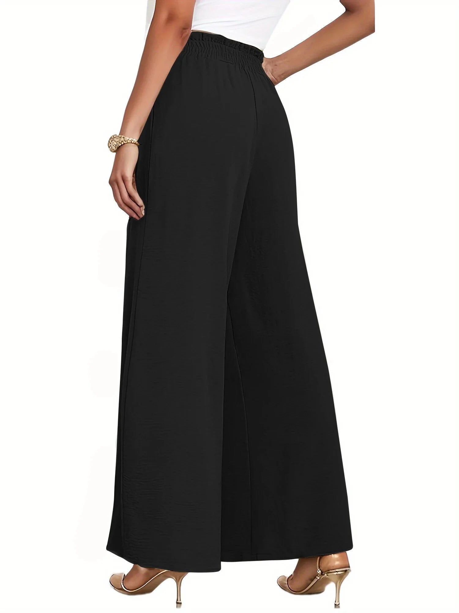 Women's High-Waisted Wide Leg Lounge Pants with Pockets and Adjustable Tie Knot - Casual and Work Trousers