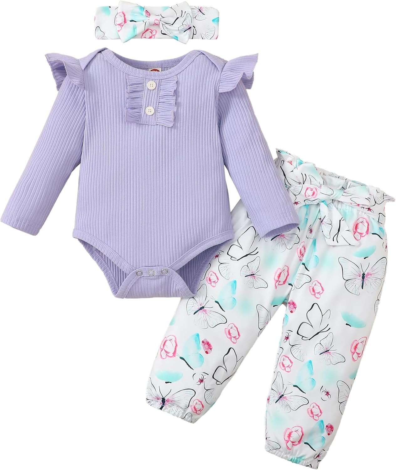 Adorable Kislio Newborn Baby Girls Outfit Set - Ribbed Ruffled Romper, Floral Pants & Matching Headband