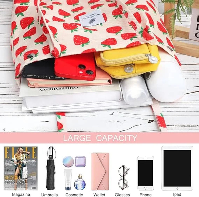 Stylish Strawberry Corduroy Tote Bag for Women - Canvas Shoulder Purse with Inner Pocket