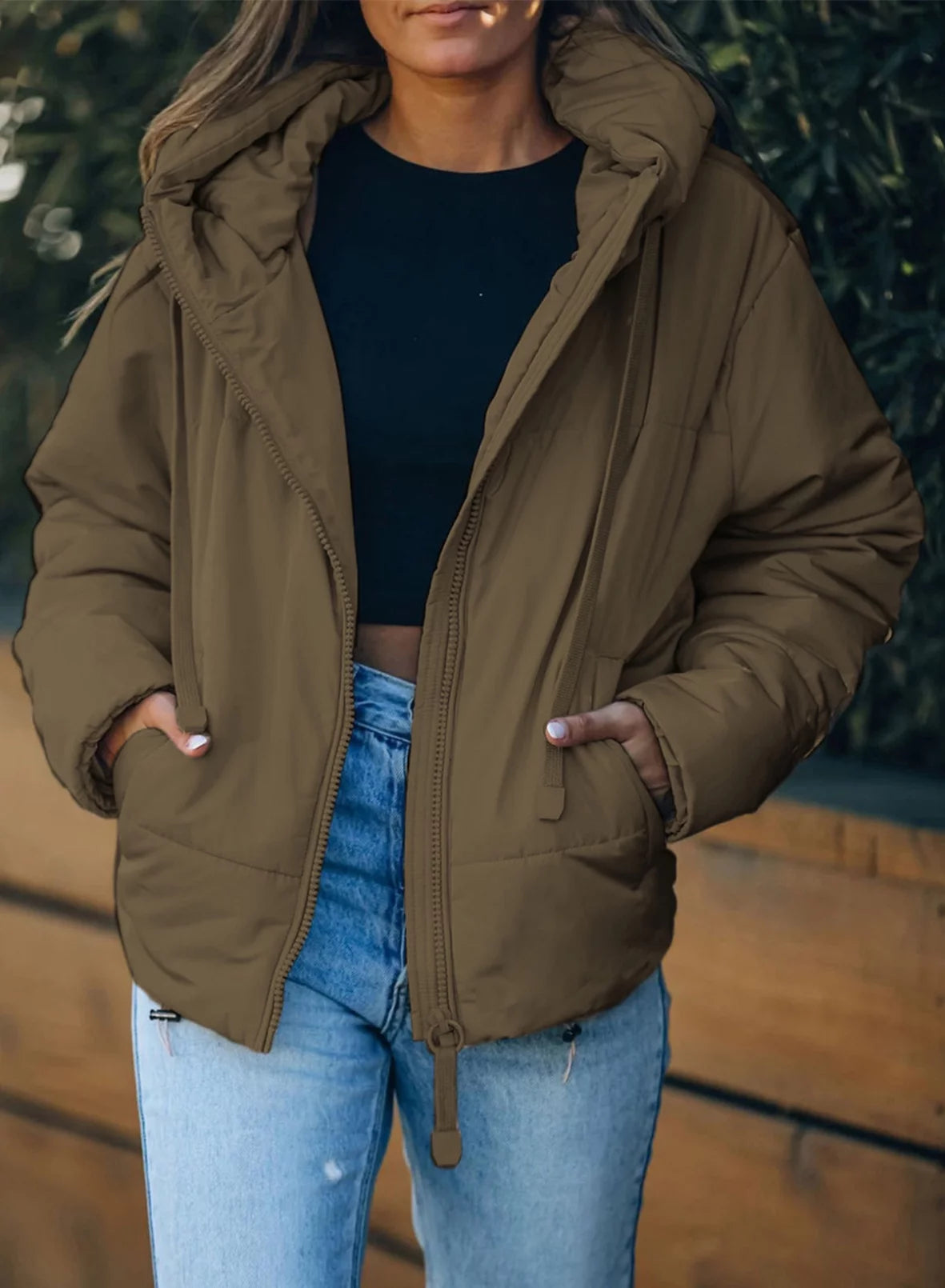 Petite Women's Short Hooded Puffer Jacket with Full Zipper and Pockets
