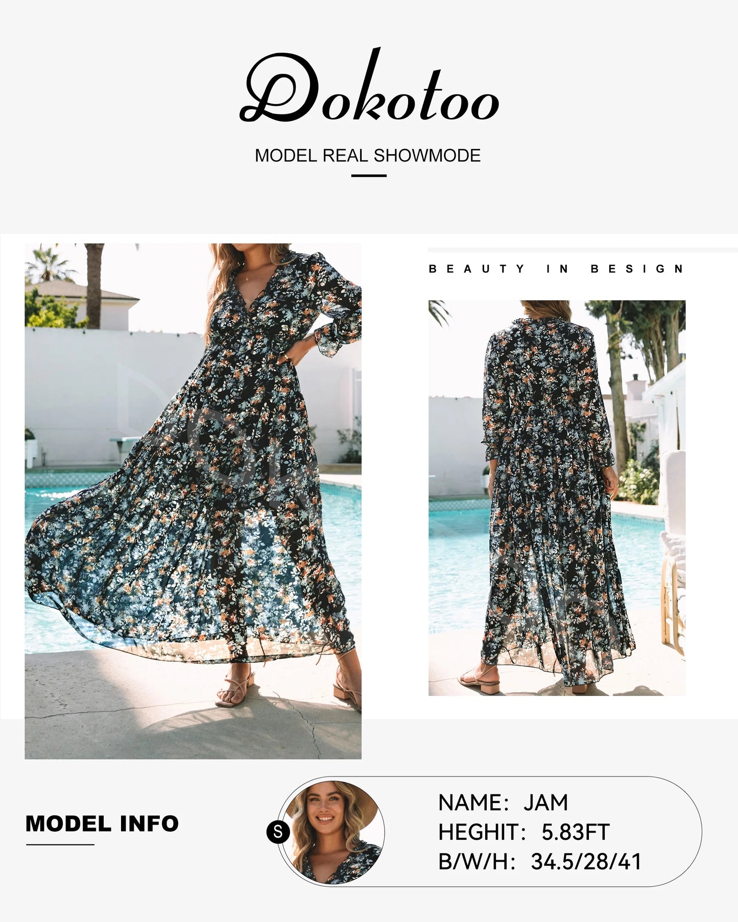 Blue Floral Print Maxi Dress for Women - Fall Chiffon Deep V-Neck Long Sleeve Ruffle Hem Party Dress with Elastic Cuffs, Boho Style for Holiday Vacation, Size US 4-6 (S)