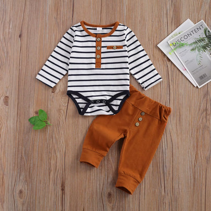 2-Piece Baby Casual Outfit Set Featuring Round Neck Long Sleeve Striped Romper and Button Detail Loose Trousers